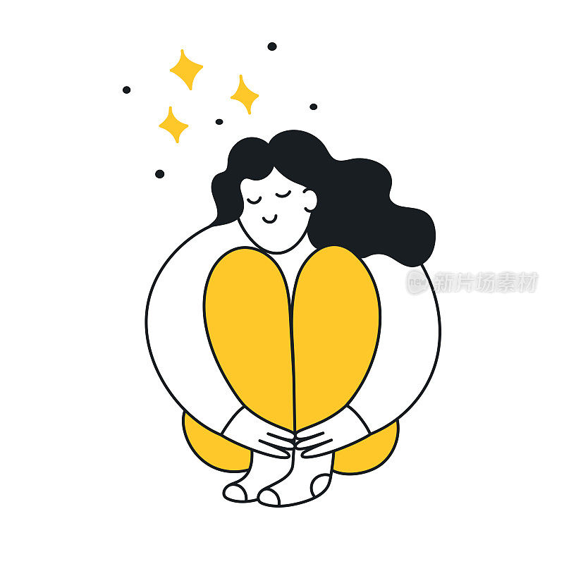 Cute cartoon woman hugs her knees and smiling